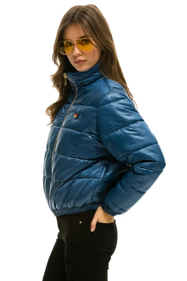 Women Outerwear Aviator Nation BOLT LUXE APRES PUFFER JACKET 8211 GLOSSY DEEP BLUE