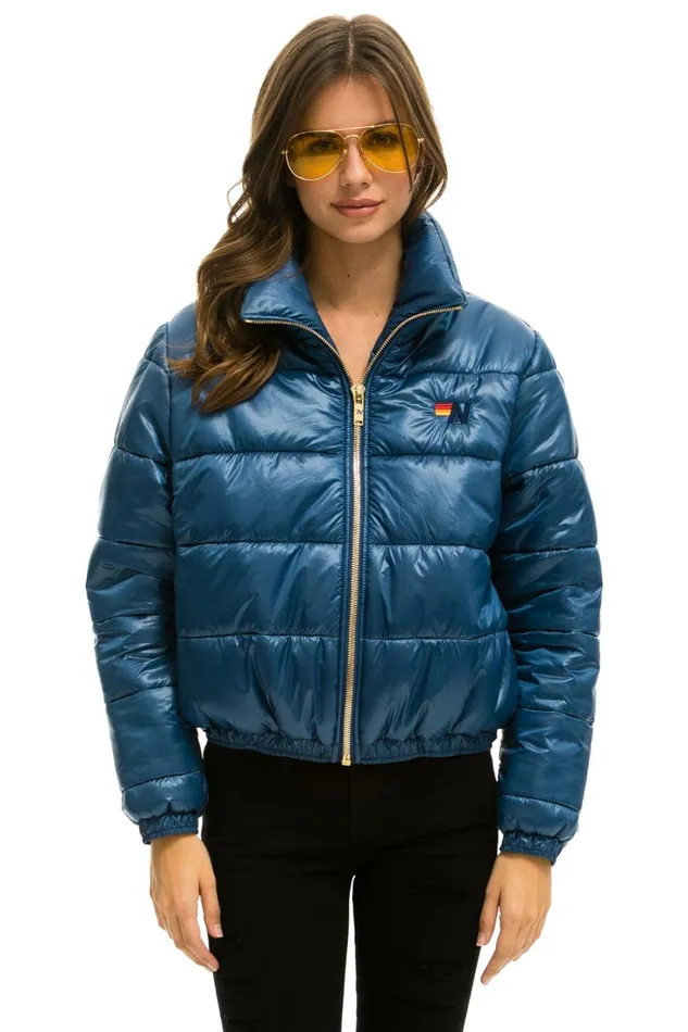 Women Outerwear Aviator Nation BOLT LUXE APRES PUFFER JACKET 8211 GLOSSY DEEP BLUE