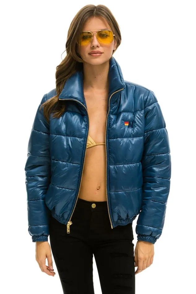 Women Outerwear Aviator Nation BOLT LUXE APRES PUFFER JACKET 8211 GLOSSY DEEP BLUE