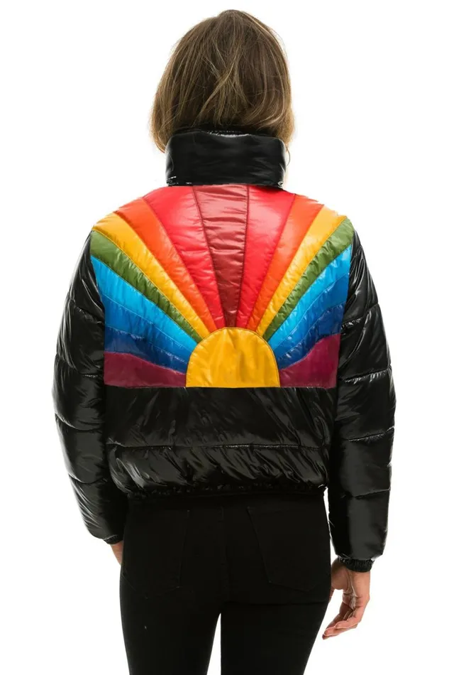 Women Outerwear Aviator Nation SUNBURST APRES PUFFER JACKET 8211 GLOSSY BLACK