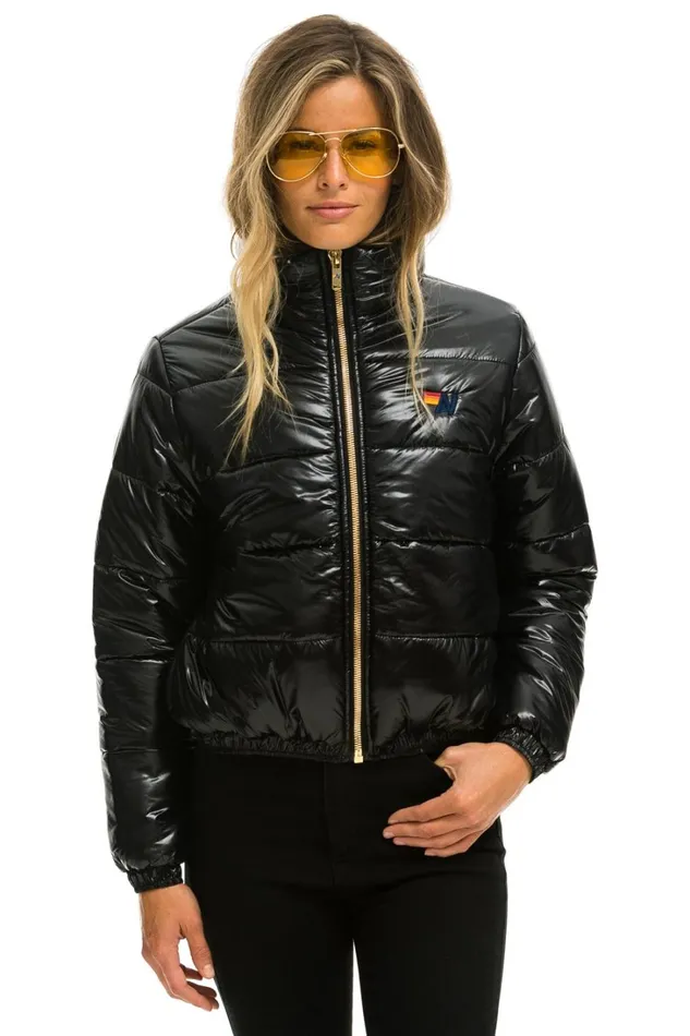 Women Outerwear Aviator Nation SUNBURST APRES PUFFER JACKET 8211 GLOSSY BLACK