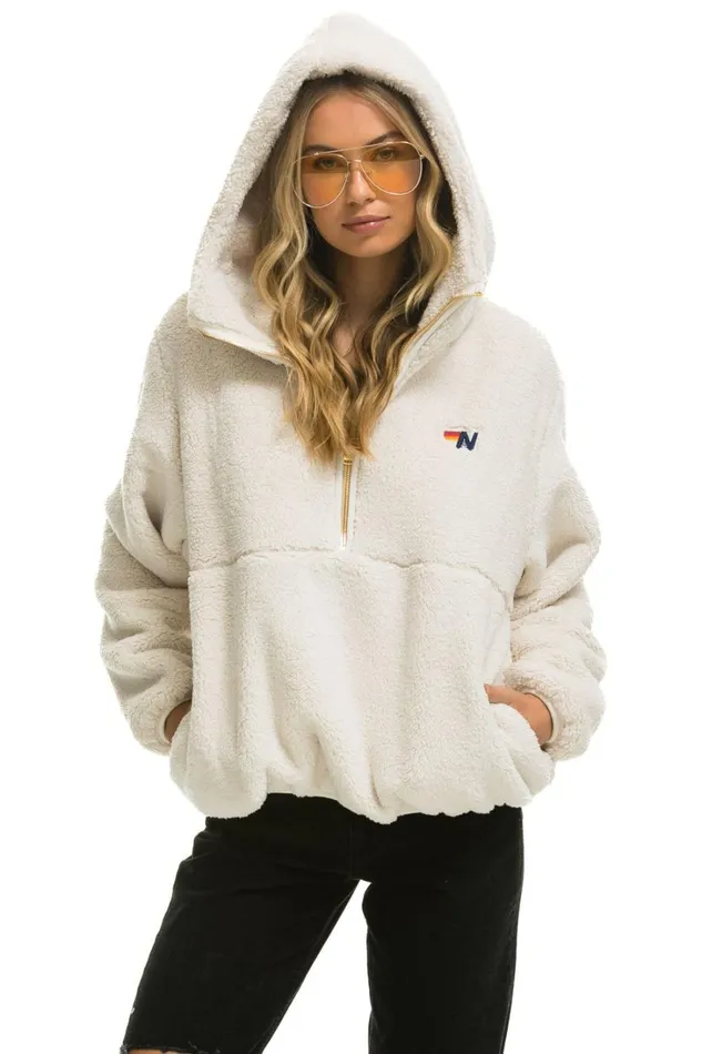Women Outerwear Aviator Nation TEDDY APRES HOODED HALF ZIP JACKET 8211 VINTAGE WHITE