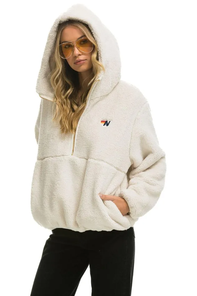 Women Outerwear Aviator Nation TEDDY APRES HOODED HALF ZIP JACKET 8211 VINTAGE WHITE Women Outerwear Aviator Nation TEDDY APRES HOODED HALF ZIP JACKET 8211 VINTAGE WHITE