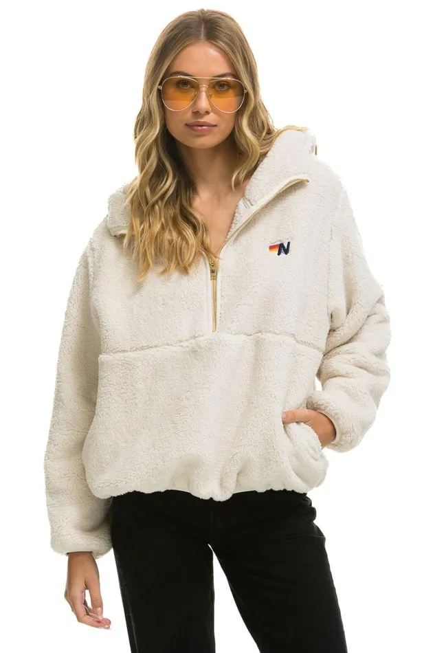 Women Outerwear Aviator Nation TEDDY APRES HOODED HALF ZIP JACKET 8211 VINTAGE WHITE Women Outerwear Aviator Nation TEDDY APRES HOODED HALF ZIP JACKET 8211 VINTAGE WHITE