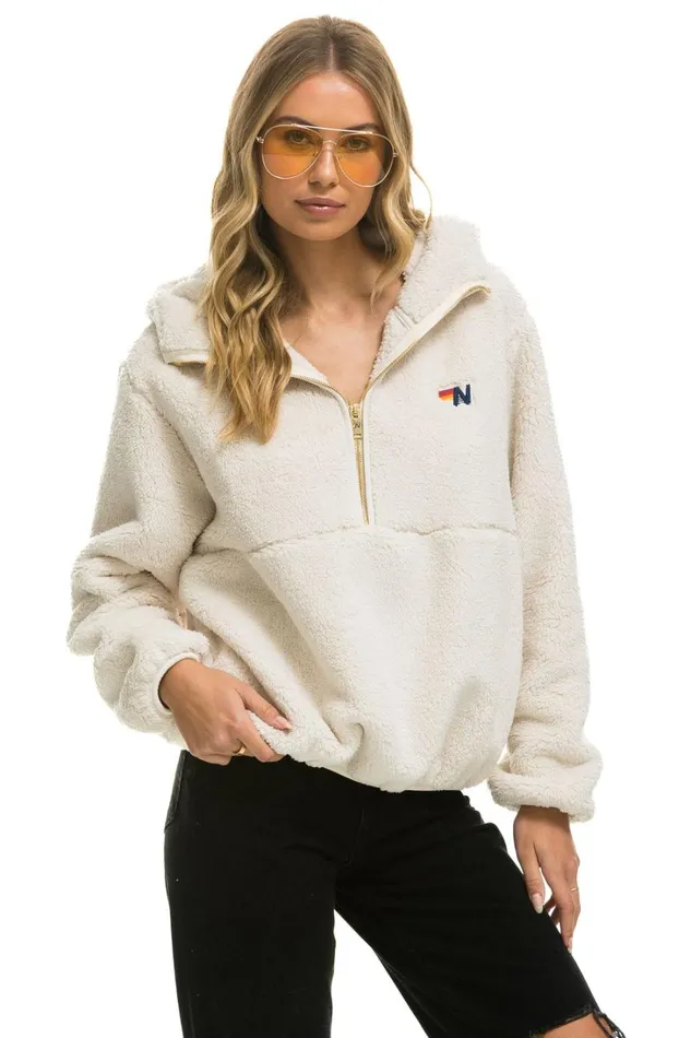 Women Outerwear Aviator Nation TEDDY APRES HOODED HALF ZIP JACKET 8211 VINTAGE WHITE Women Outerwear Aviator Nation TEDDY APRES HOODED HALF ZIP JACKET 8211 VINTAGE WHITE