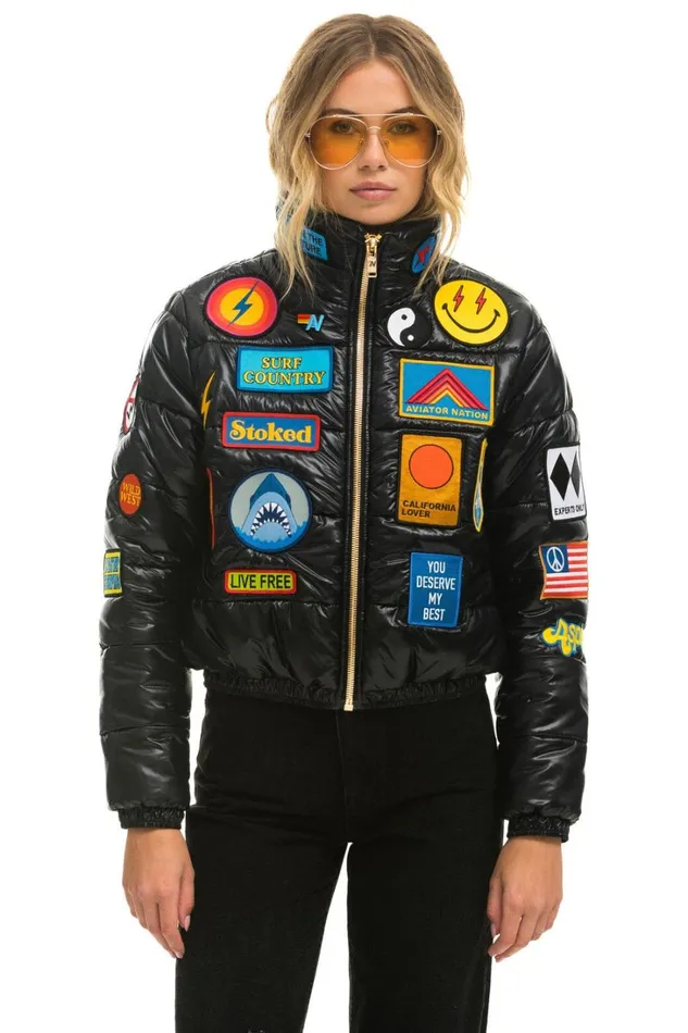 Women Outerwear Aviator Nation VINTAGE PATCH APRES PUFFER JACKET 8211 BLACK GLOSSY