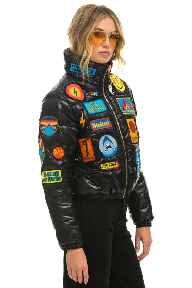 Women Outerwear Aviator Nation VINTAGE PATCH APRES PUFFER JACKET 8211 BLACK GLOSSY