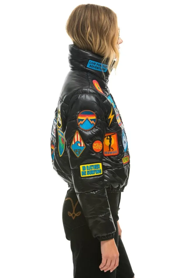 Women Outerwear Aviator Nation VINTAGE PATCH APRES PUFFER JACKET 8211 BLACK GLOSSY