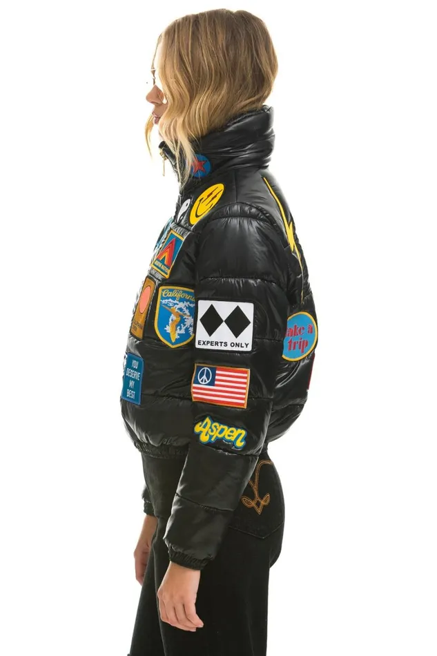 Women Outerwear Aviator Nation VINTAGE PATCH APRES PUFFER JACKET 8211 BLACK GLOSSY