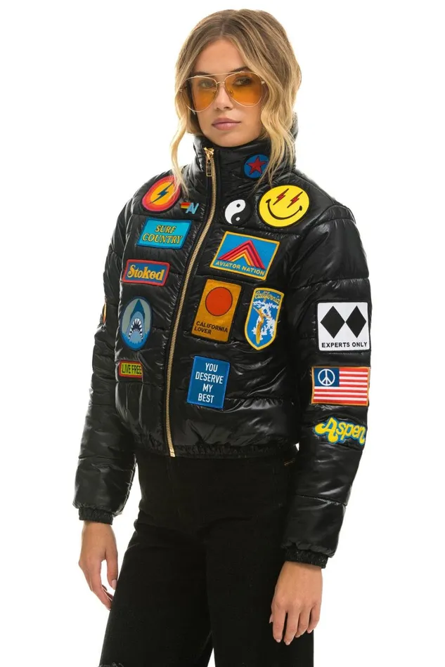 Women Outerwear Aviator Nation VINTAGE PATCH APRES PUFFER JACKET 8211 BLACK GLOSSY