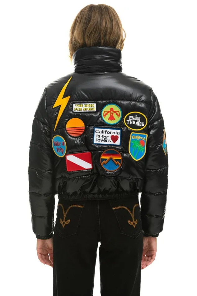 Women Outerwear Aviator Nation VINTAGE PATCH APRES PUFFER JACKET 8211 BLACK GLOSSY