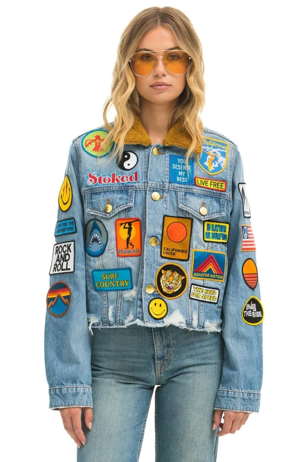 Women Outerwear Aviator Nation VINTAGE PATCH UNISEX CROP DENIM JACKET 8211 SUPER LIGHT
