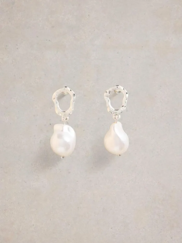 Women Pearl Drop Earring Silver Tone Metallic White Stuff Jewellery