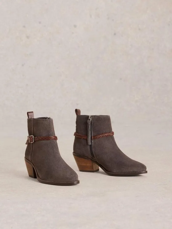Women Peony Suede Plait Strap Boot Charcoal Grey White Stuff Heels Women Peony Suede Plait Strap Boot Charcoal Grey White Stuff Heels