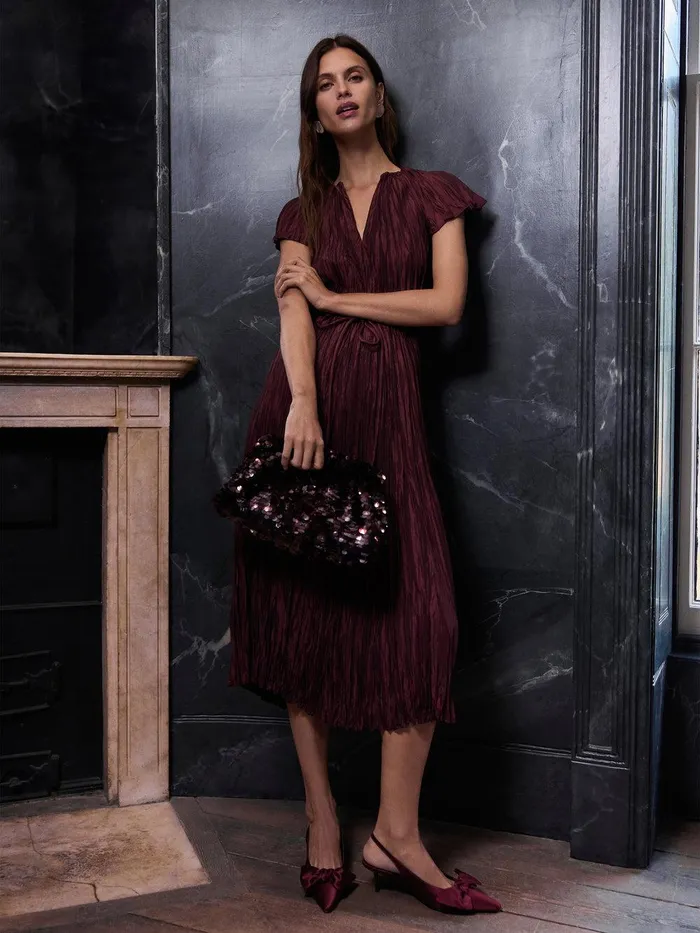 Women Plisse Belted Dress Red Jigsaw Dresses and Jumpsuits