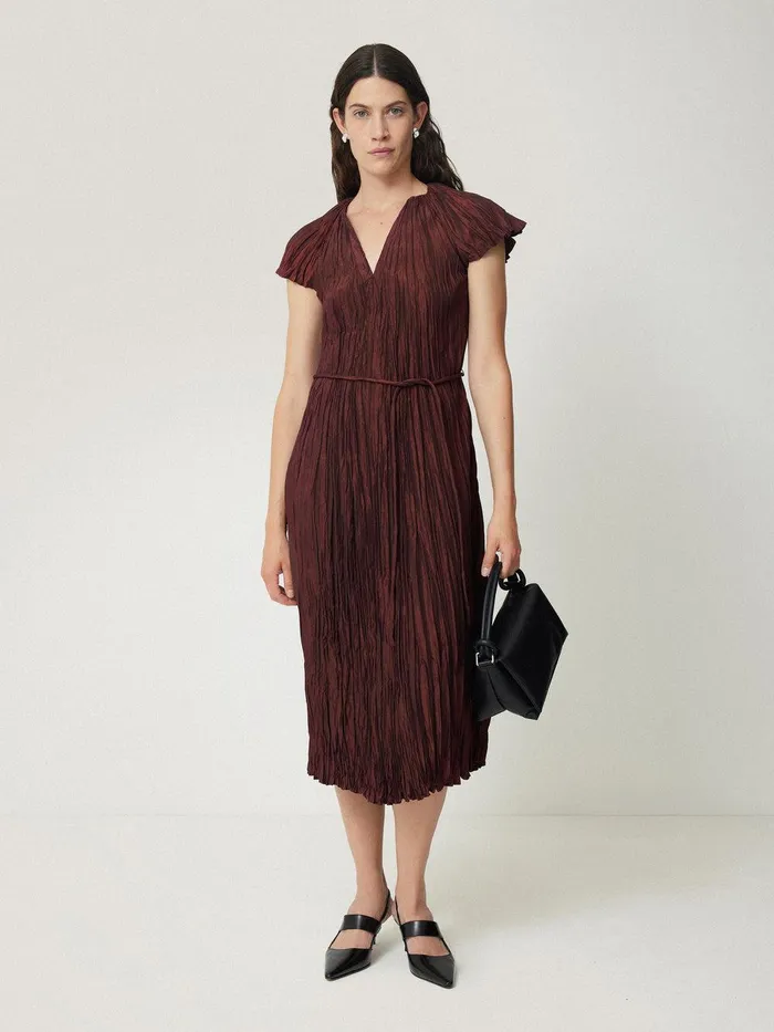 Women Plisse Belted Dress Red Jigsaw Dresses and Jumpsuits