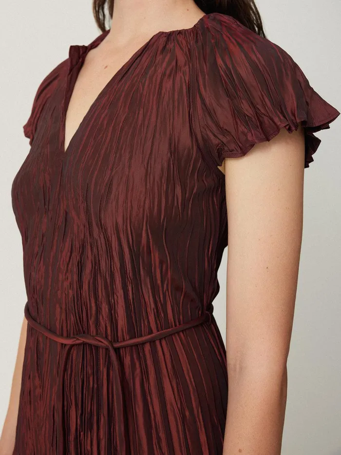 Women Plisse Belted Dress Red Jigsaw Dresses and Jumpsuits
