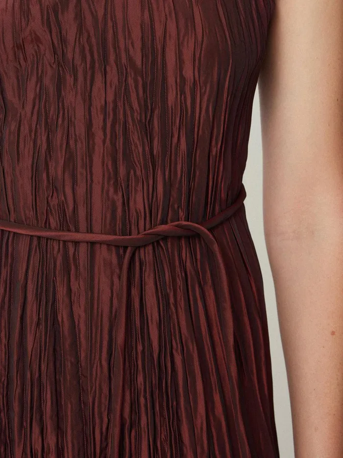 Women Plisse Belted Dress Red Jigsaw Dresses and Jumpsuits