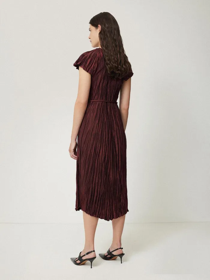 Women Plisse Belted Dress Red Jigsaw Dresses and Jumpsuits