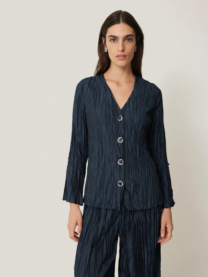 Women Plisse Button Up Top Navy Jigsaw Coords