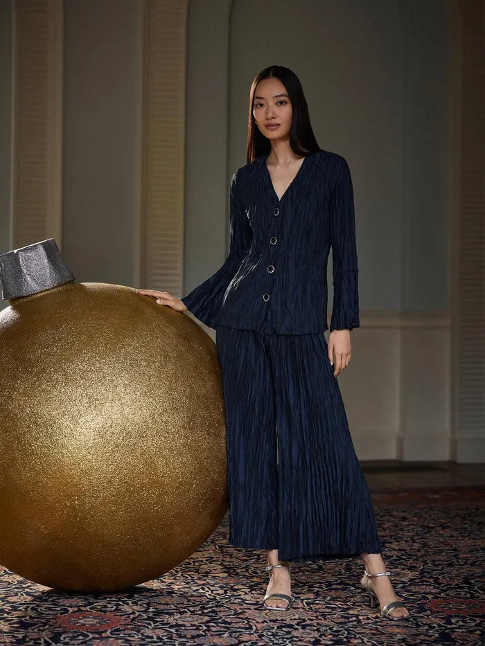 Women Plisse Button Up Top Navy Jigsaw Coords