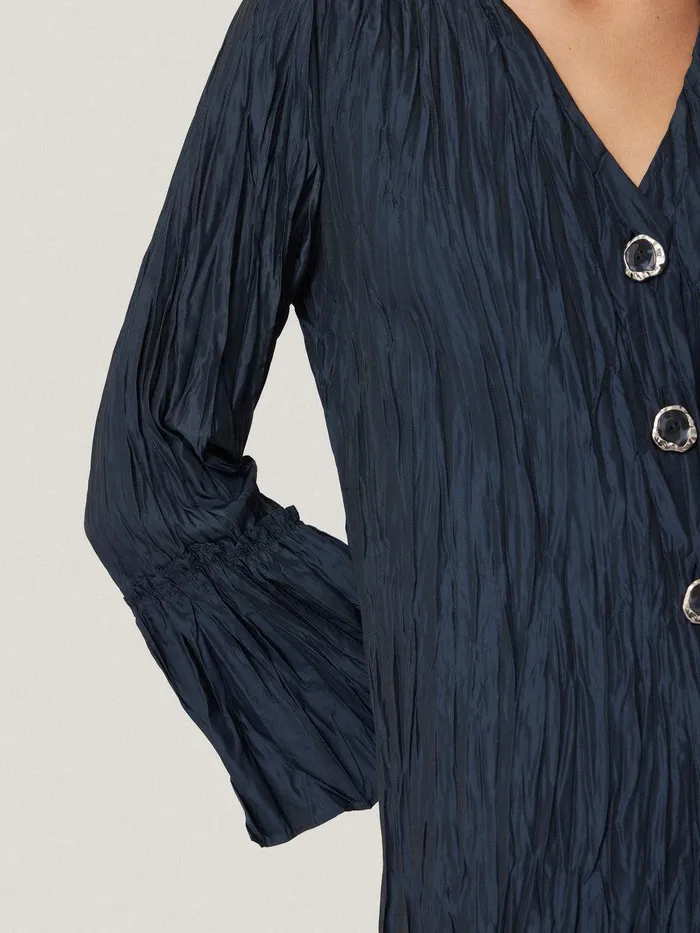 Women Plisse Button Up Top Navy Jigsaw Coords