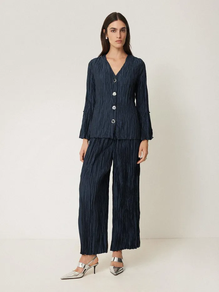 Women Plisse Button Up Top Navy Jigsaw Coords