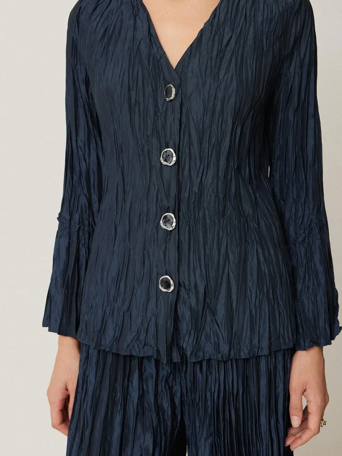 Women Plisse Button Up Top Navy Jigsaw Coords