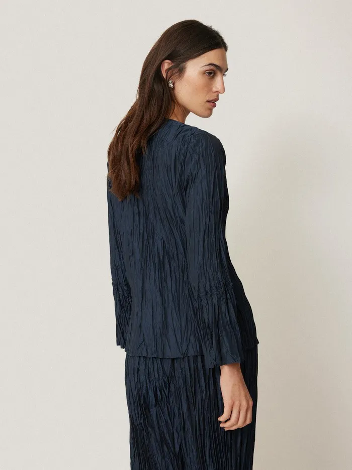 Women Plisse Button Up Top Navy Jigsaw Coords