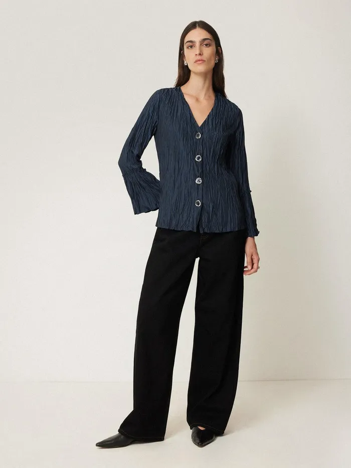 Women Plisse Button Up Top Navy Jigsaw Coords