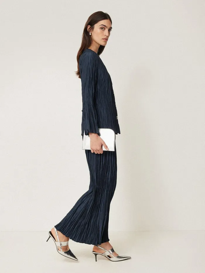 Women Plisse Button Up Top Navy Jigsaw Coords