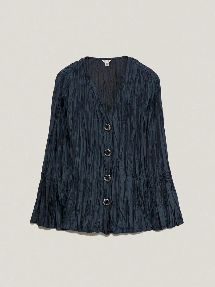 Women Plisse Button Up Top Navy Jigsaw Coords