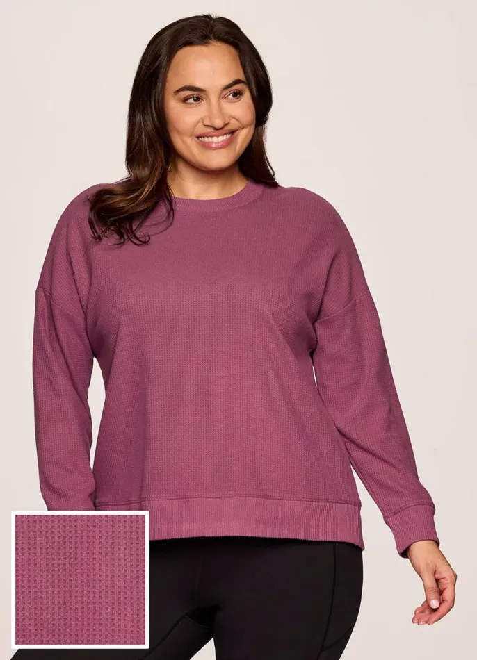 Women Plus Off Days Relaxed Waffle Knit Sweatshirt Dusty Rose RBX Active Long Sleeve
