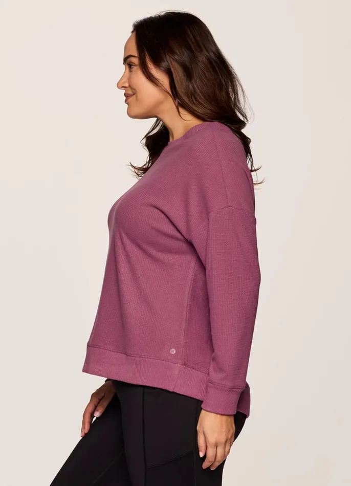Women Plus Off Days Relaxed Waffle Knit Sweatshirt Dusty Rose RBX Active Long Sleeve