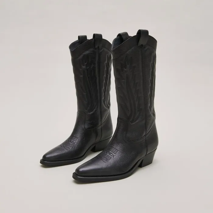 Women Pointed Toe Boots With Exposed Stitching Black JONAK Boots Thighhigh Boots