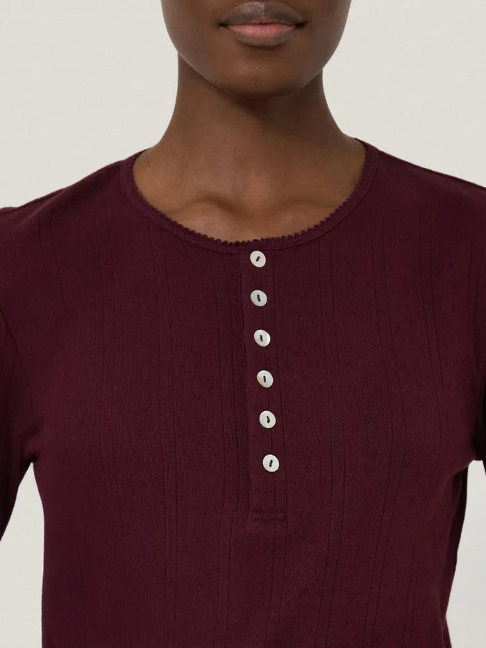 Women Pointelle Pyjama Henley Top Burgundy Jigsaw Pyjamas and Loungewear