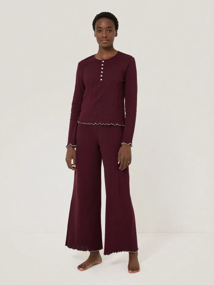 Women Pointelle Pyjama Henley Top Burgundy Jigsaw Pyjamas and Loungewear