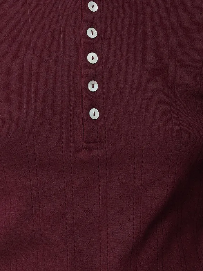 Women Pointelle Pyjama Henley Top Burgundy Jigsaw Pyjamas and Loungewear