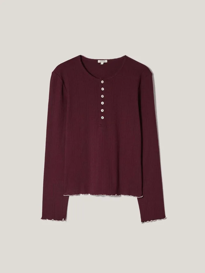 Women Pointelle Pyjama Henley Top Burgundy Jigsaw Pyjamas and Loungewear