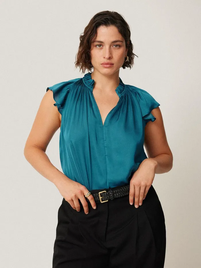 Women Recycled Satin Frill Neck Top Blue Jigsaw Shirts and Tops