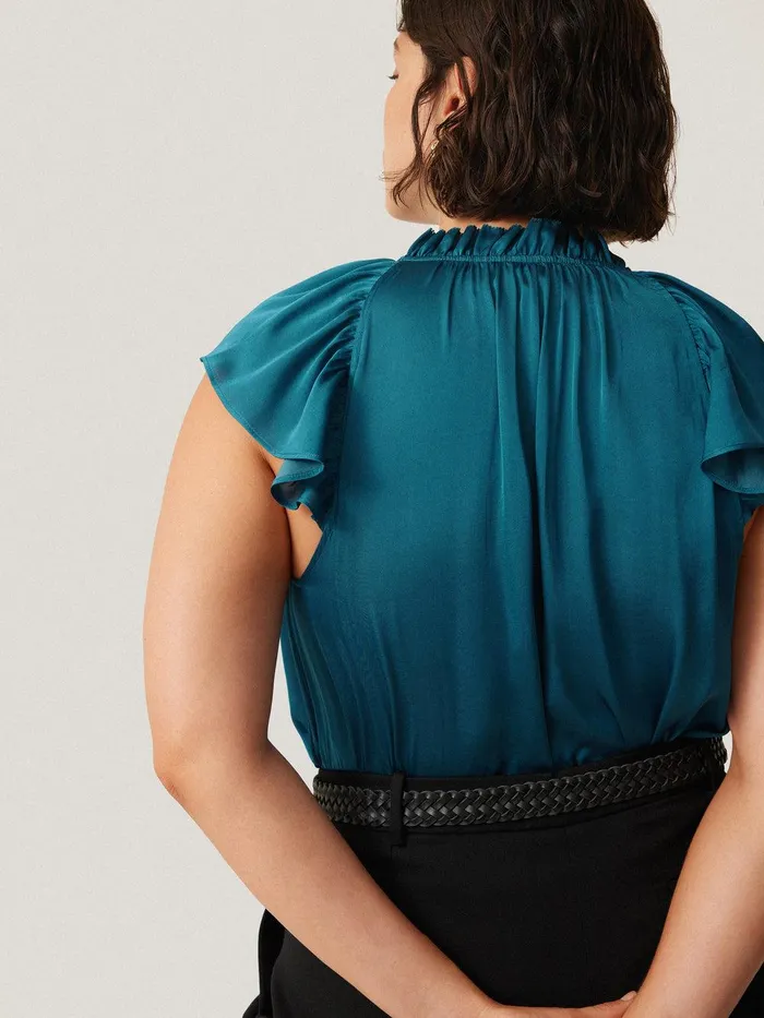 Women Recycled Satin Frill Neck Top Blue Jigsaw Shirts and Tops