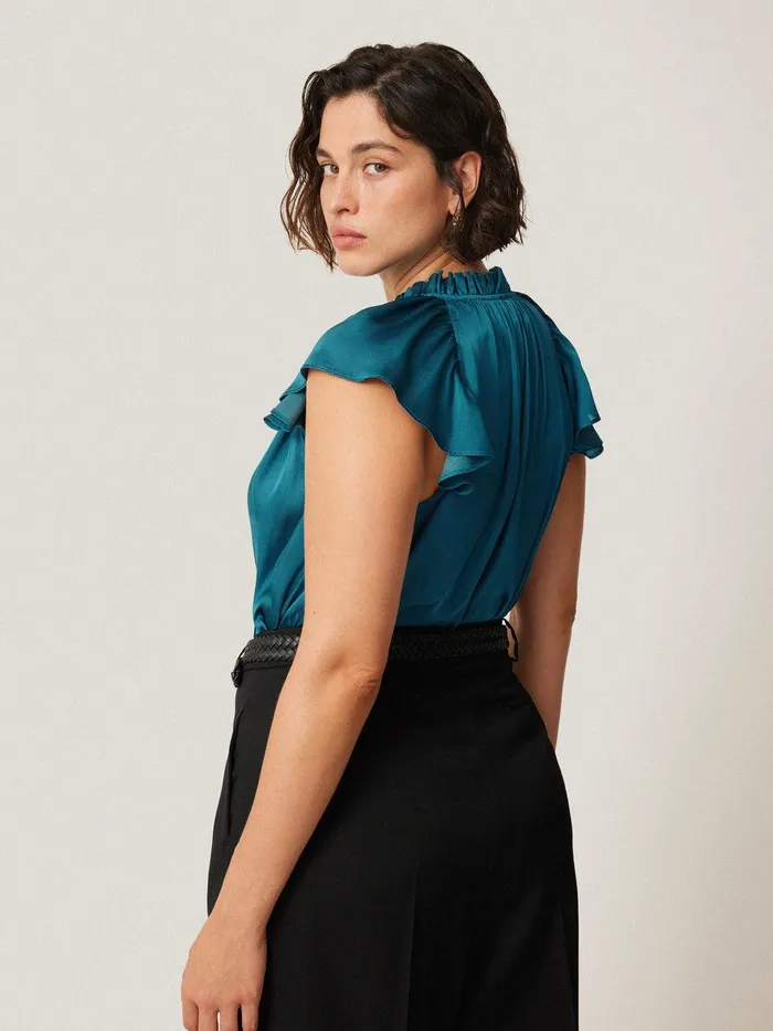 Women Recycled Satin Frill Neck Top Blue Jigsaw Shirts and Tops