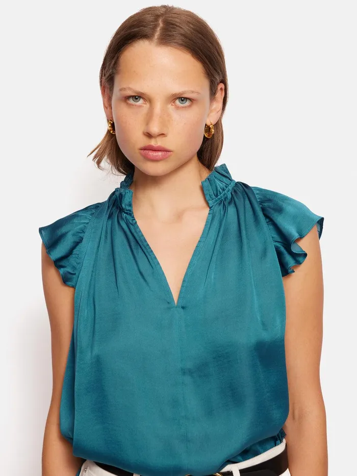 Women Recycled Satin Frill Neck Top Blue Jigsaw Shirts and Tops