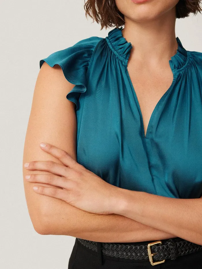 Women Recycled Satin Frill Neck Top Blue Jigsaw Shirts and Tops