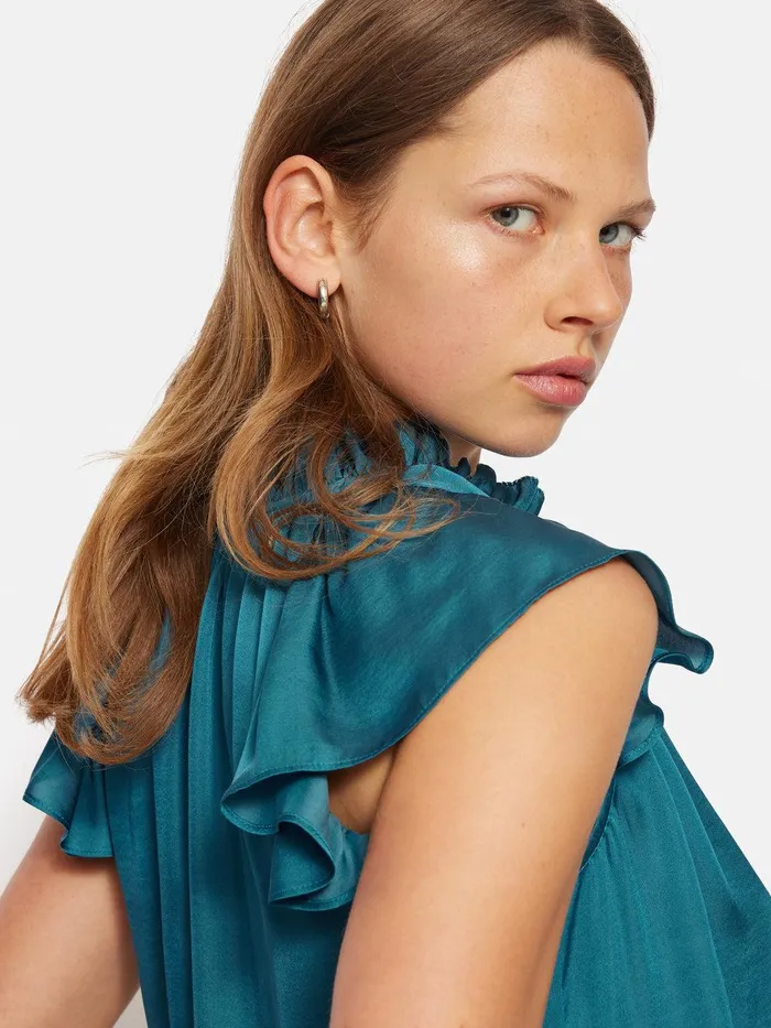 Women Recycled Satin Frill Neck Top Blue Jigsaw Shirts and Tops