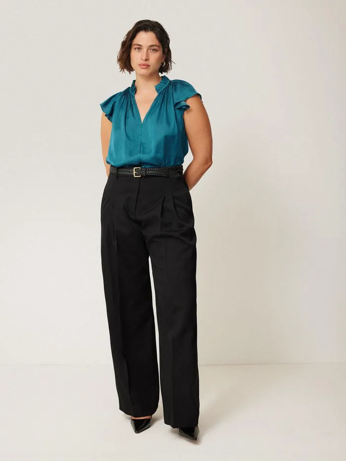 Women Recycled Satin Frill Neck Top Blue Jigsaw Shirts and Tops