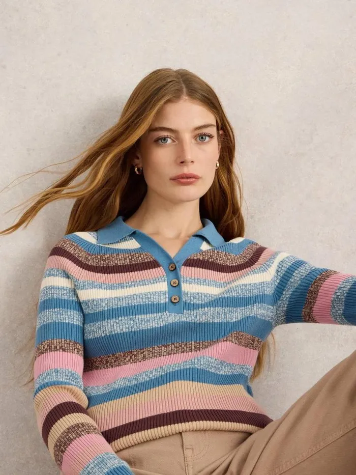 Women RIB COLLAR STRIPE JUMPER Blue Multi White Stuff Knitwear