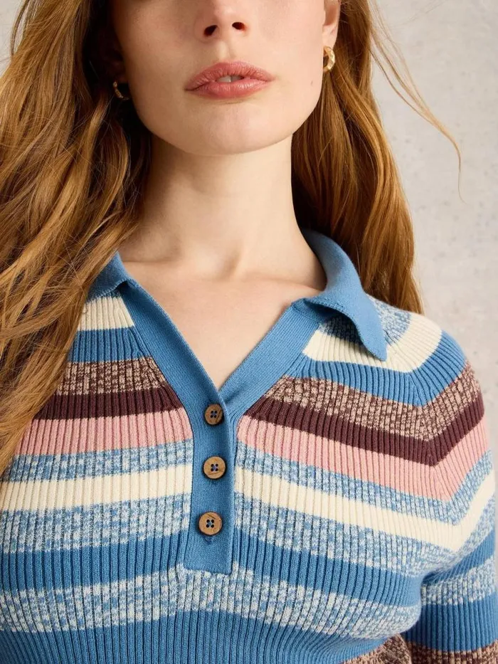 Women RIB COLLAR STRIPE JUMPER Blue Multi White Stuff Knitwear Women RIB COLLAR STRIPE JUMPER Blue Multi White Stuff Knitwear