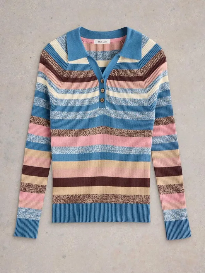 Women RIB COLLAR STRIPE JUMPER Blue Multi White Stuff Knitwear Women RIB COLLAR STRIPE JUMPER Blue Multi White Stuff Knitwear