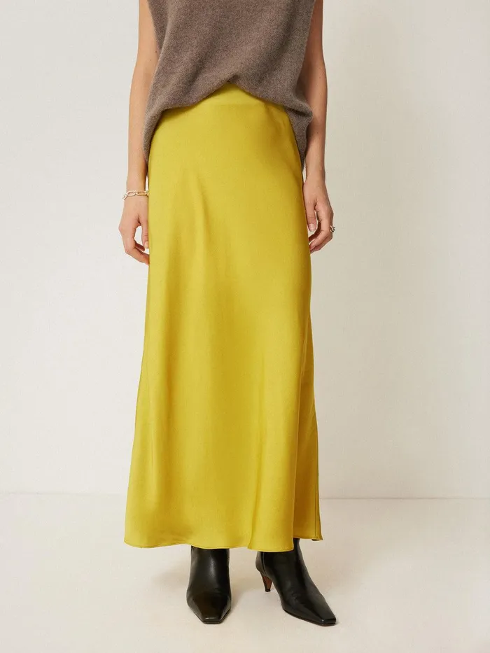 Women Satin Bias Maxi Skirt Yellow Jigsaw Party